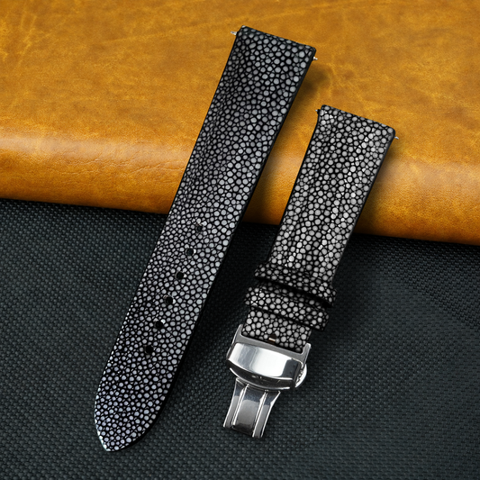 Padded Black Stingray Leather Watch Strap with Deployment Clasp