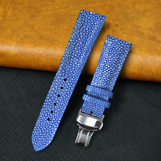 Padded Blue Stingray Leather Watch Strap with Deployment Clasp