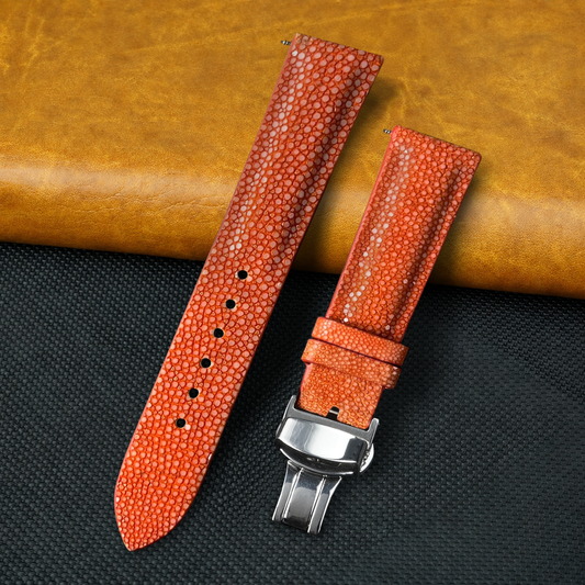 Padded Orange Stingray Leather Watch Strap with Deployment Clasp