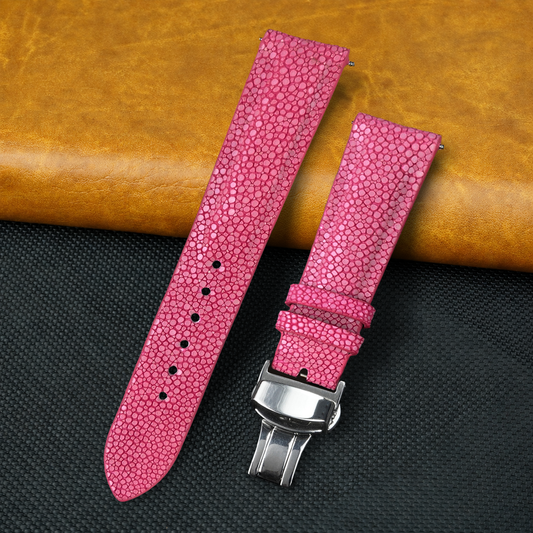Padded Pink Stingray Leather Watch Strap with Deployment Clasp