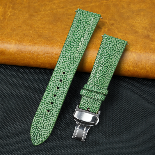 Padded Green Stingray Leather Watch Strap with Deployment Clasp