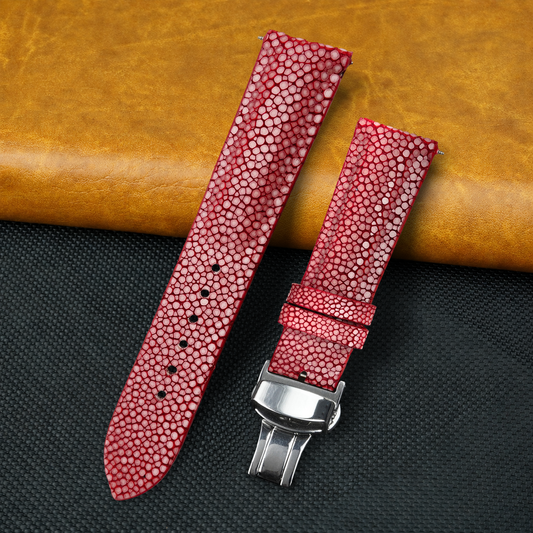 Padded Red Stingray Leather Watch Strap with Deployment Clasp