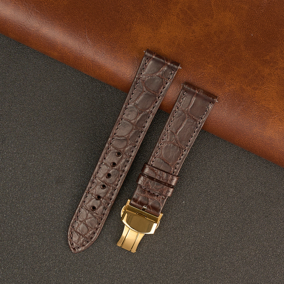Brown Alligator Flat Leather Watch Strap with Deployment Clasp