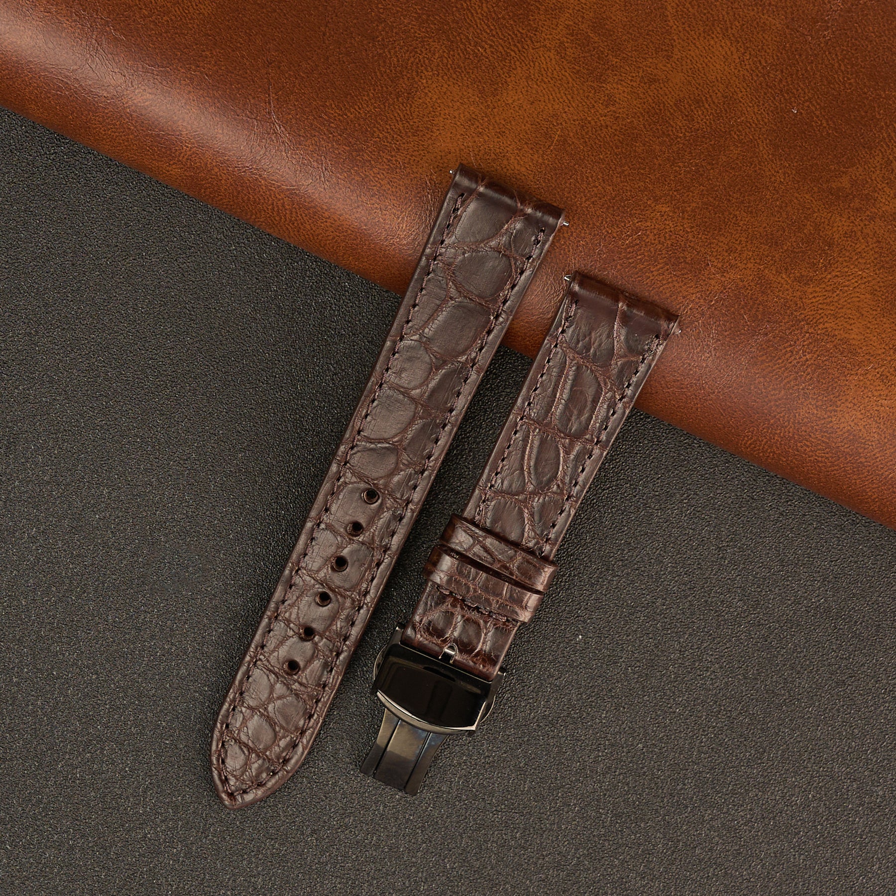Brown Alligator Flat Leather Watch Strap with Deployment Clasp