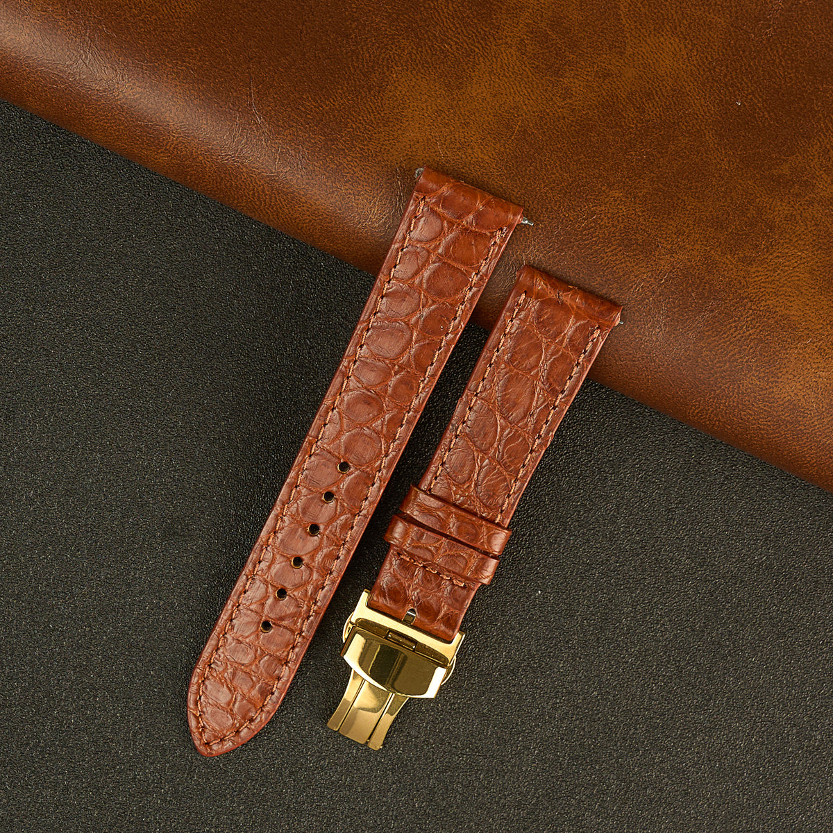 Light Brown Alligator Flat Leather Watch Strap with Deployment Clasp