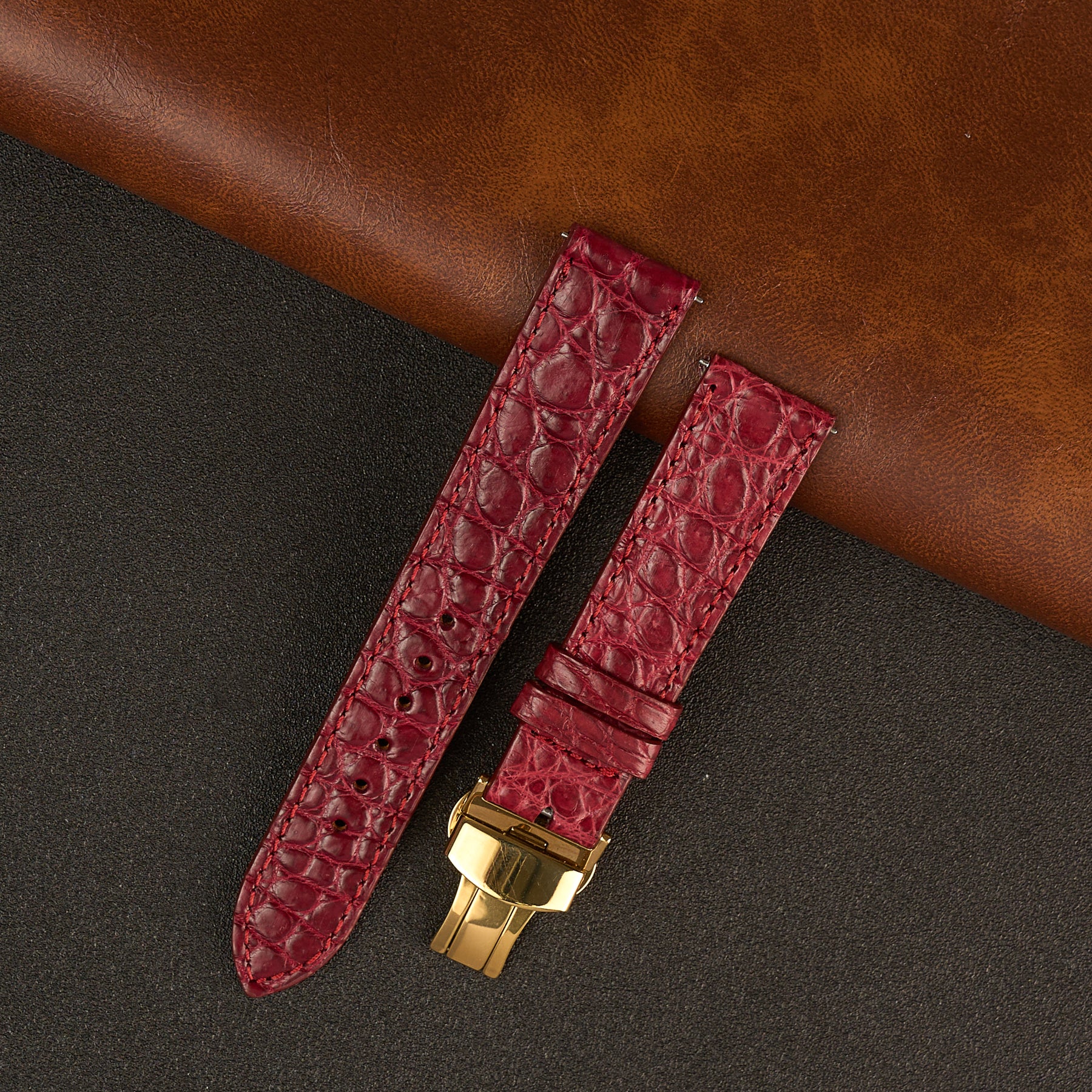 Burgundy Alligator Flat Leather Watch Strap with Deployment Clasp