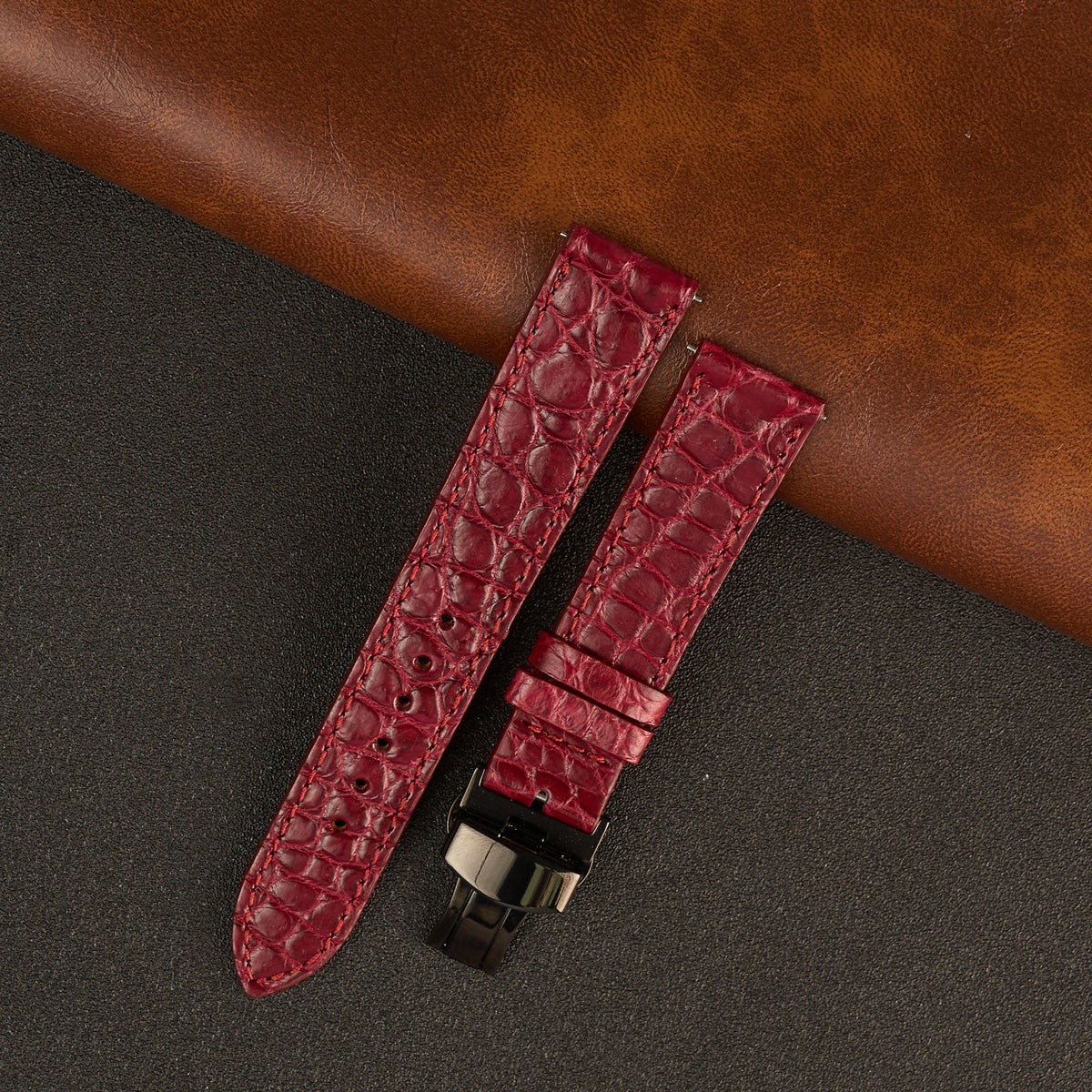 Burgundy Alligator Flat Leather Watch Strap with Deployment Clasp
