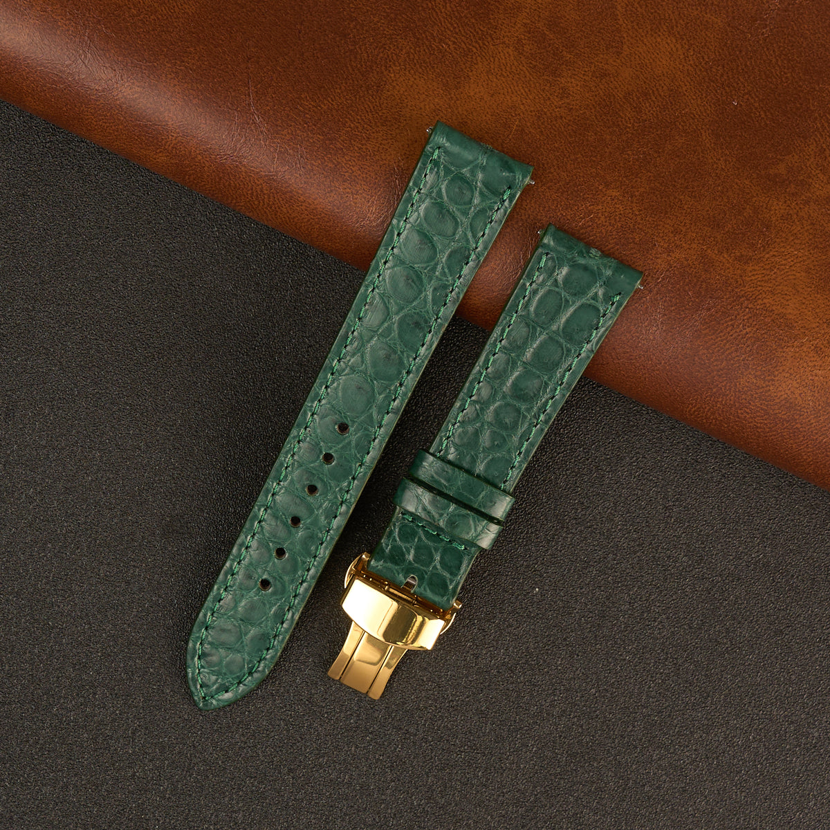 Green Alligator Flat Leather Watch Strap with Deployment Clasp