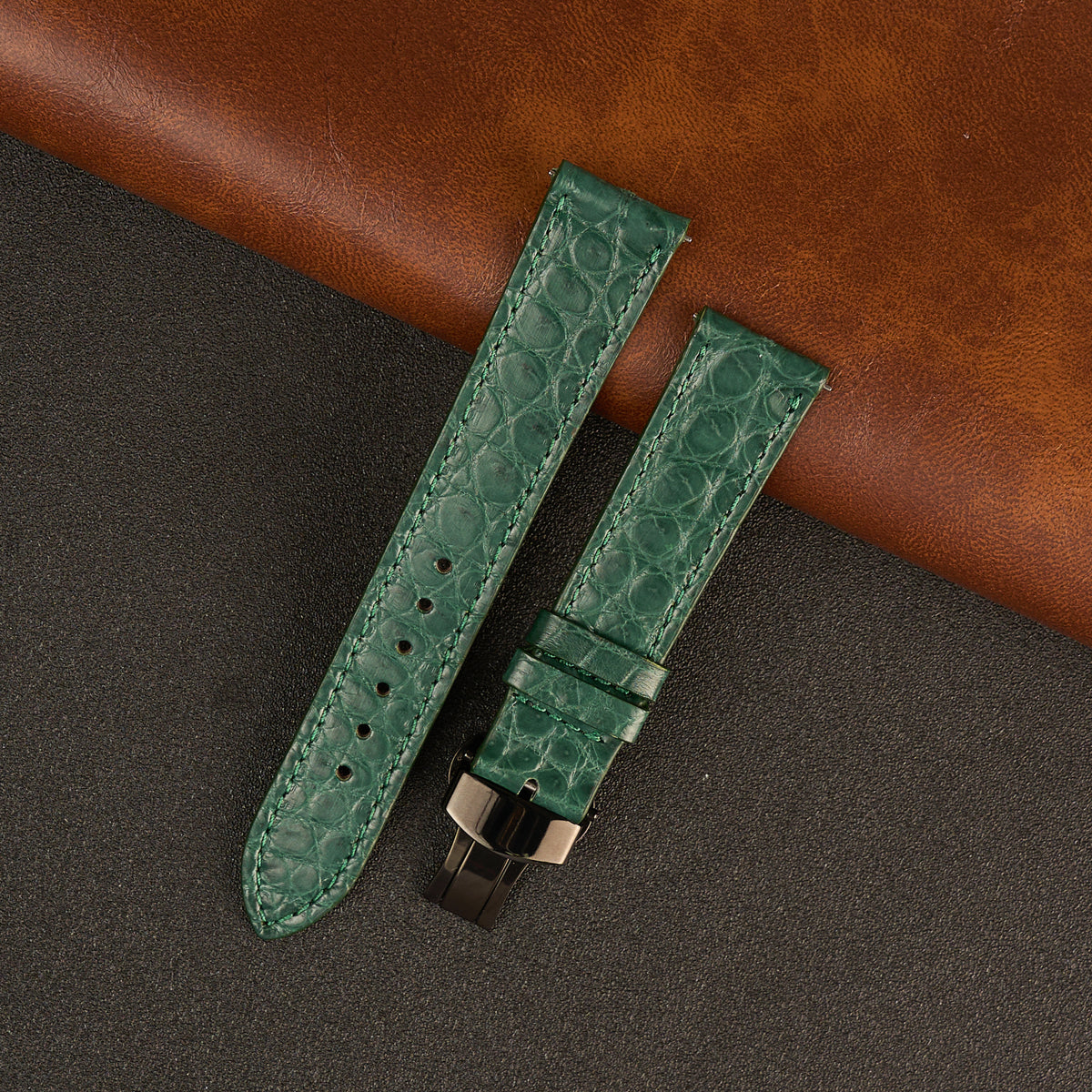 Green Alligator Flat Leather Watch Strap with Deployment Clasp