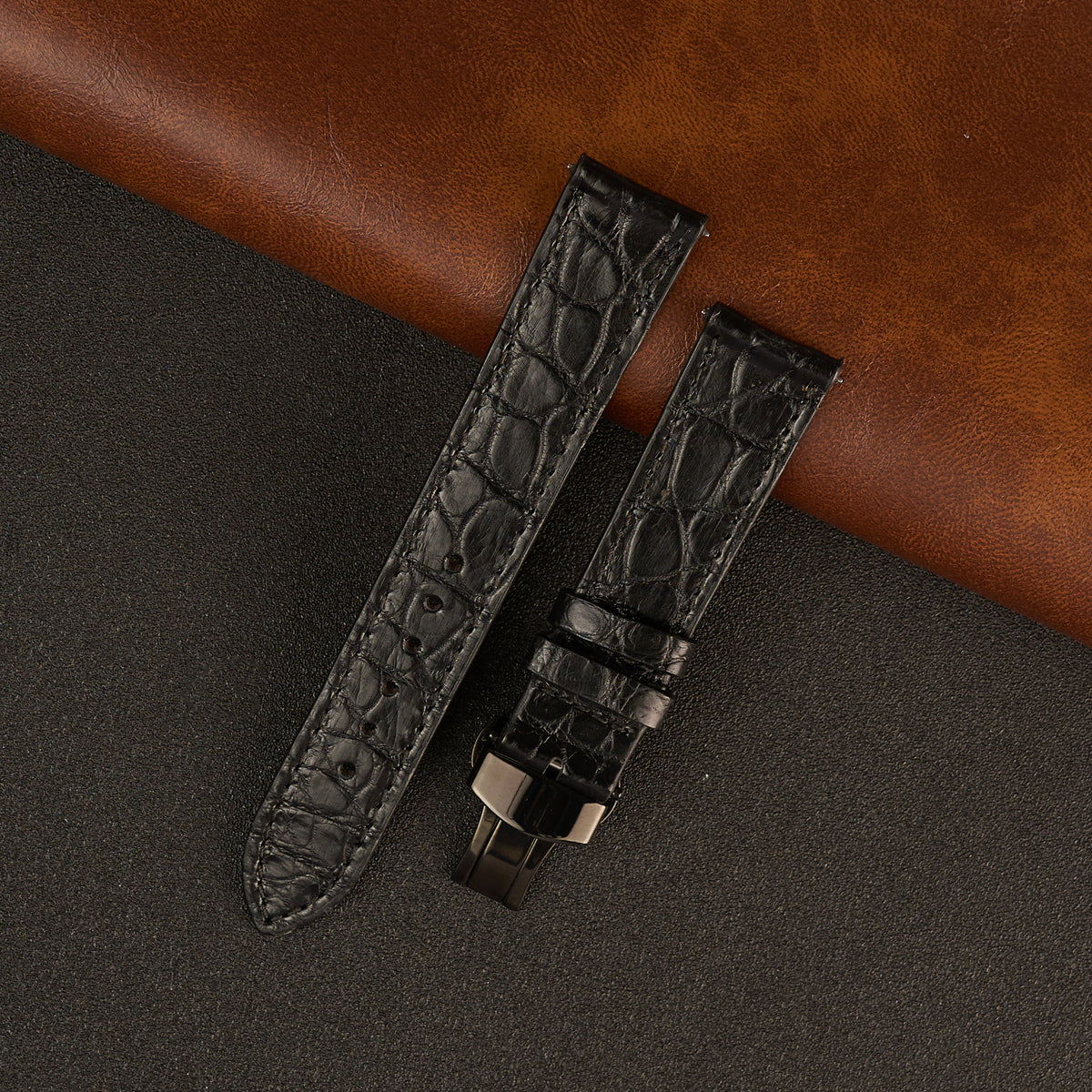 Black Alligator Flat Leather Watch Strap with Deployment Clasp