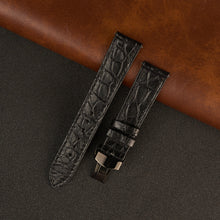 Black Alligator Flat Leather Watch Strap with Deployment Clasp