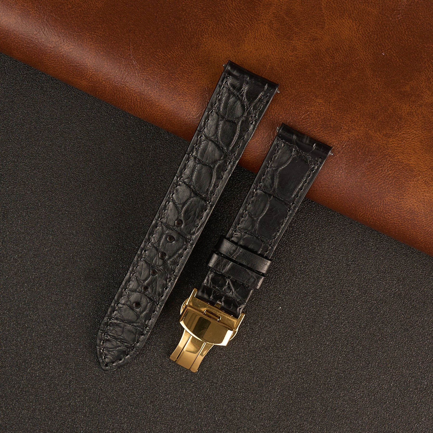 Black Alligator Flat Leather Watch Strap with Deployment Clasp