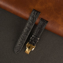 Black Alligator Flat Leather Watch Strap with Deployment Clasp