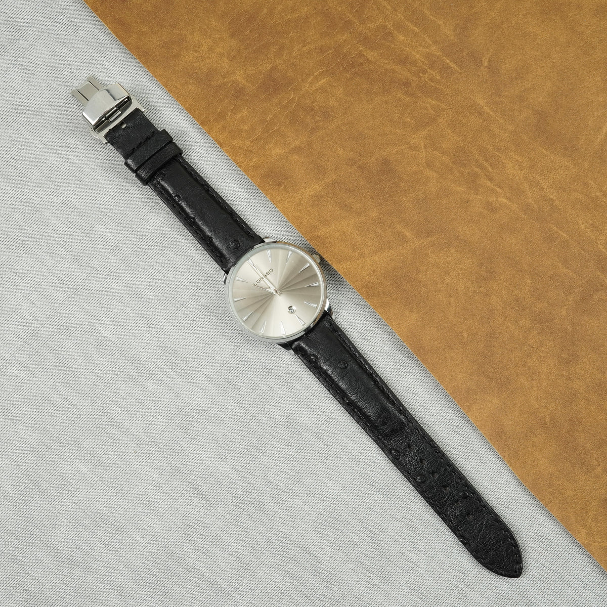 Black Genuine Ostrich Leather Watch Strap with Deployment Clasp