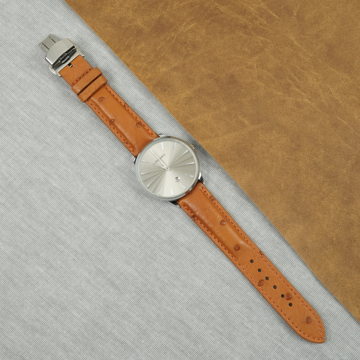Tan Brown Ostrich Leather Watch Strap with Deployment Clasp