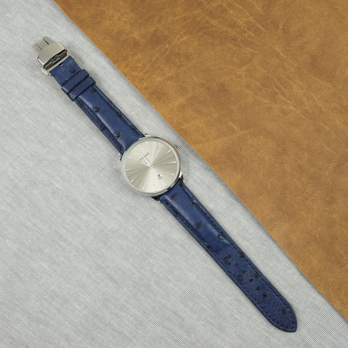 Blue Ostrich Leather Watch Strap with Deployment Clasp