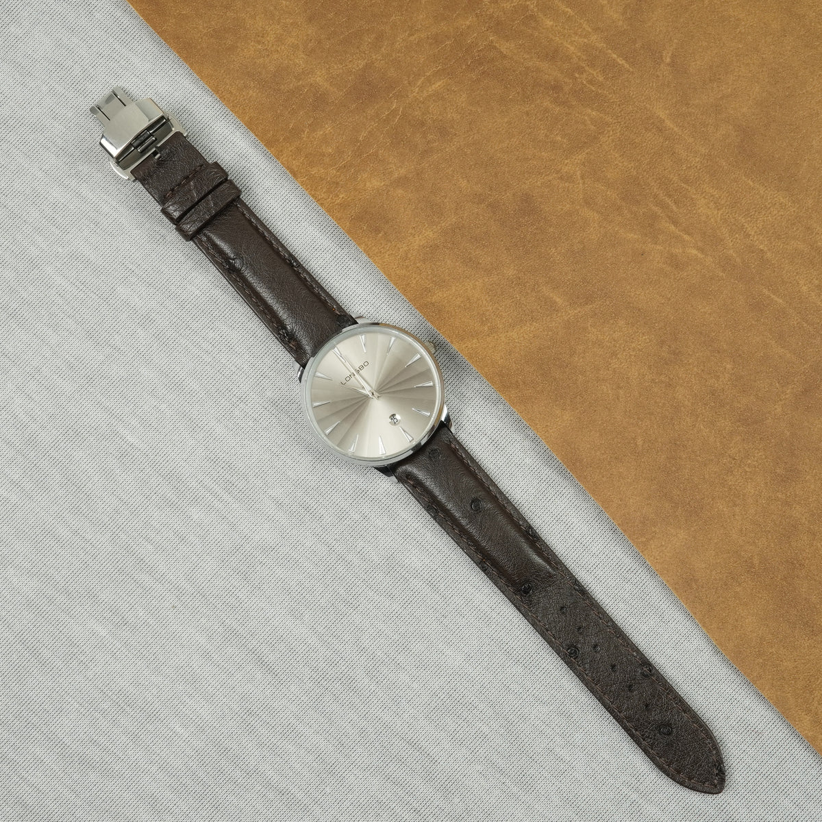 Dark Brown Ostrich Leather Watch Strap with Deployment Clasp
