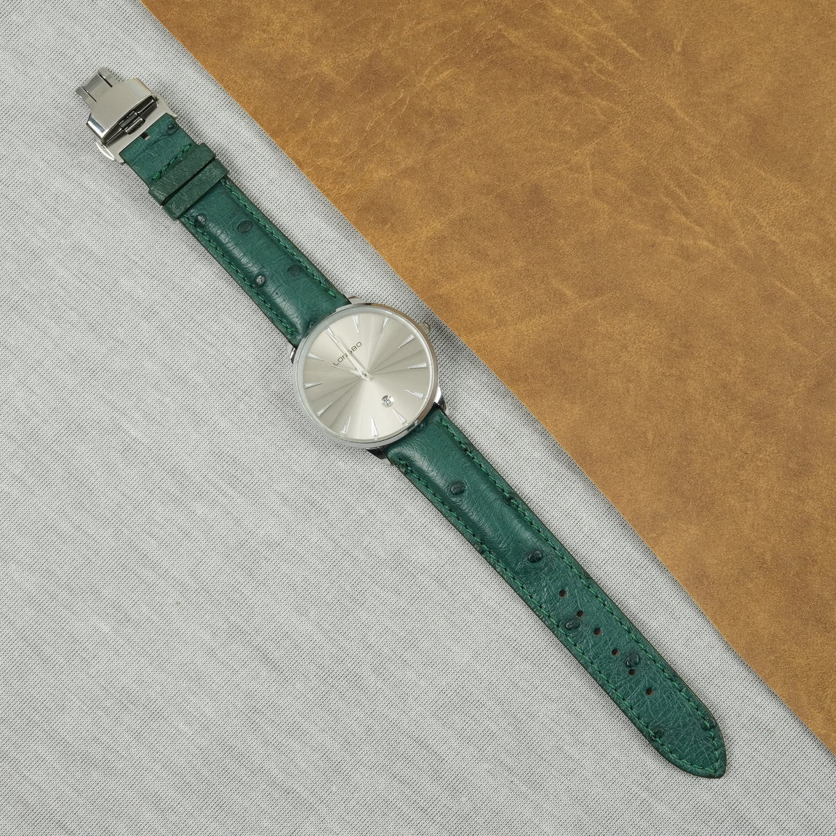 Green Ostrich Leather Watch Strap with Deployment Clasp