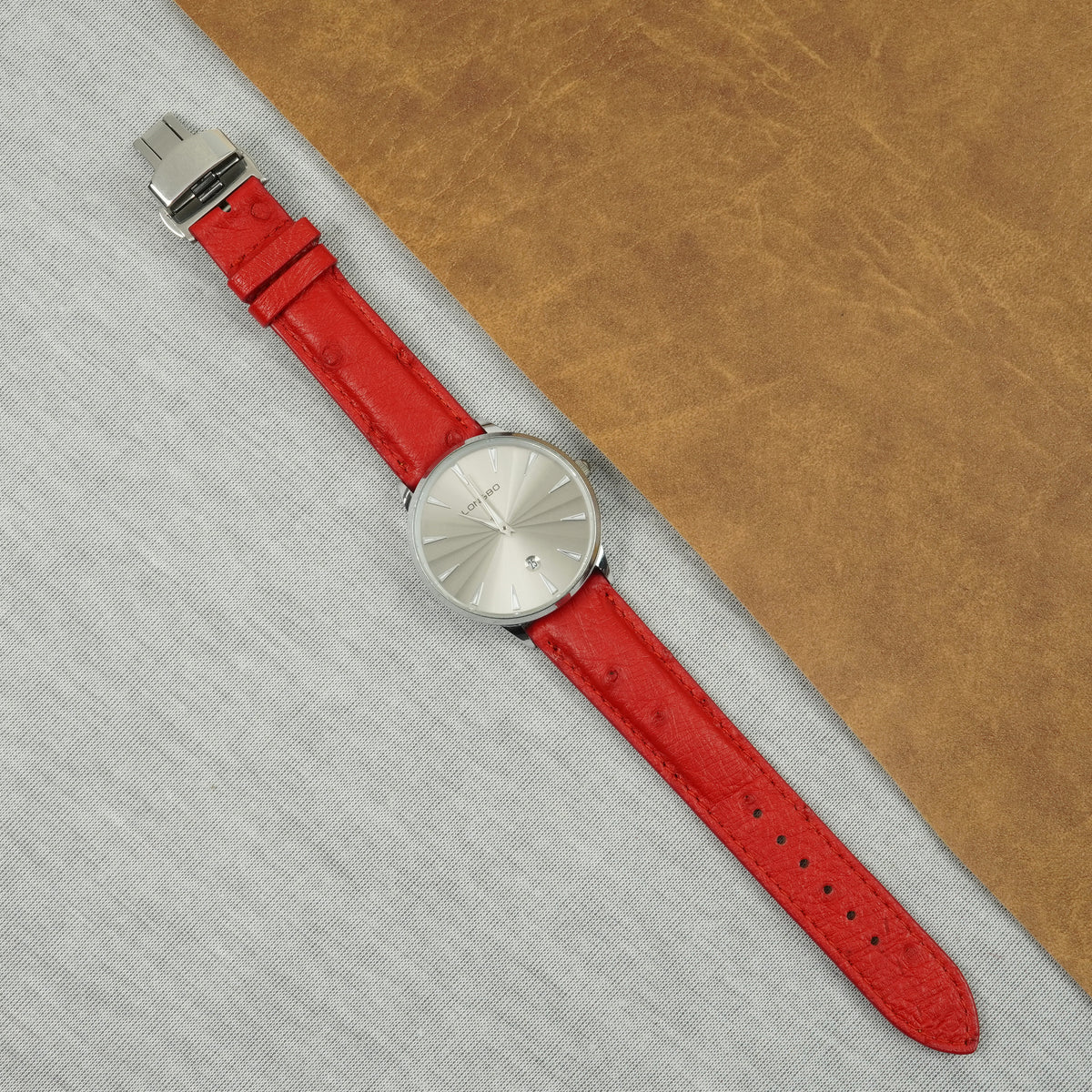 Red Ostrich Leather Watch Strap with Deployment Clasp