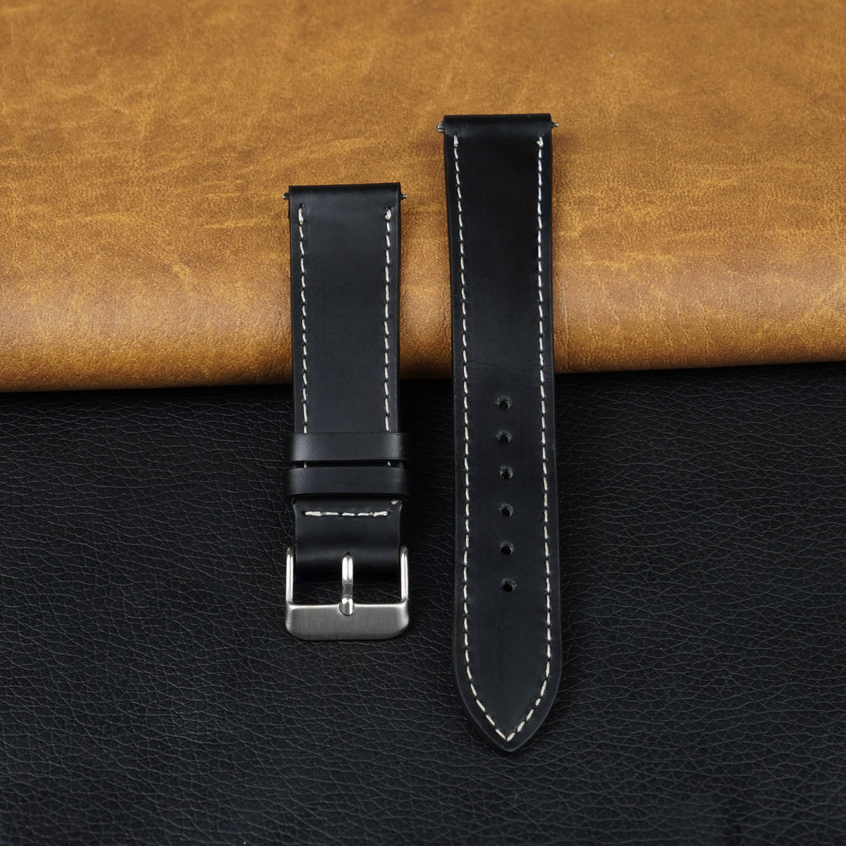 Flat Black Full Grain Watch Strap with White Stitching Quick Release