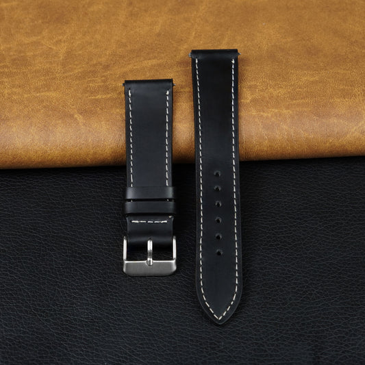 Flat Black Full Grain Watch Strap with White Stitching Quick Release