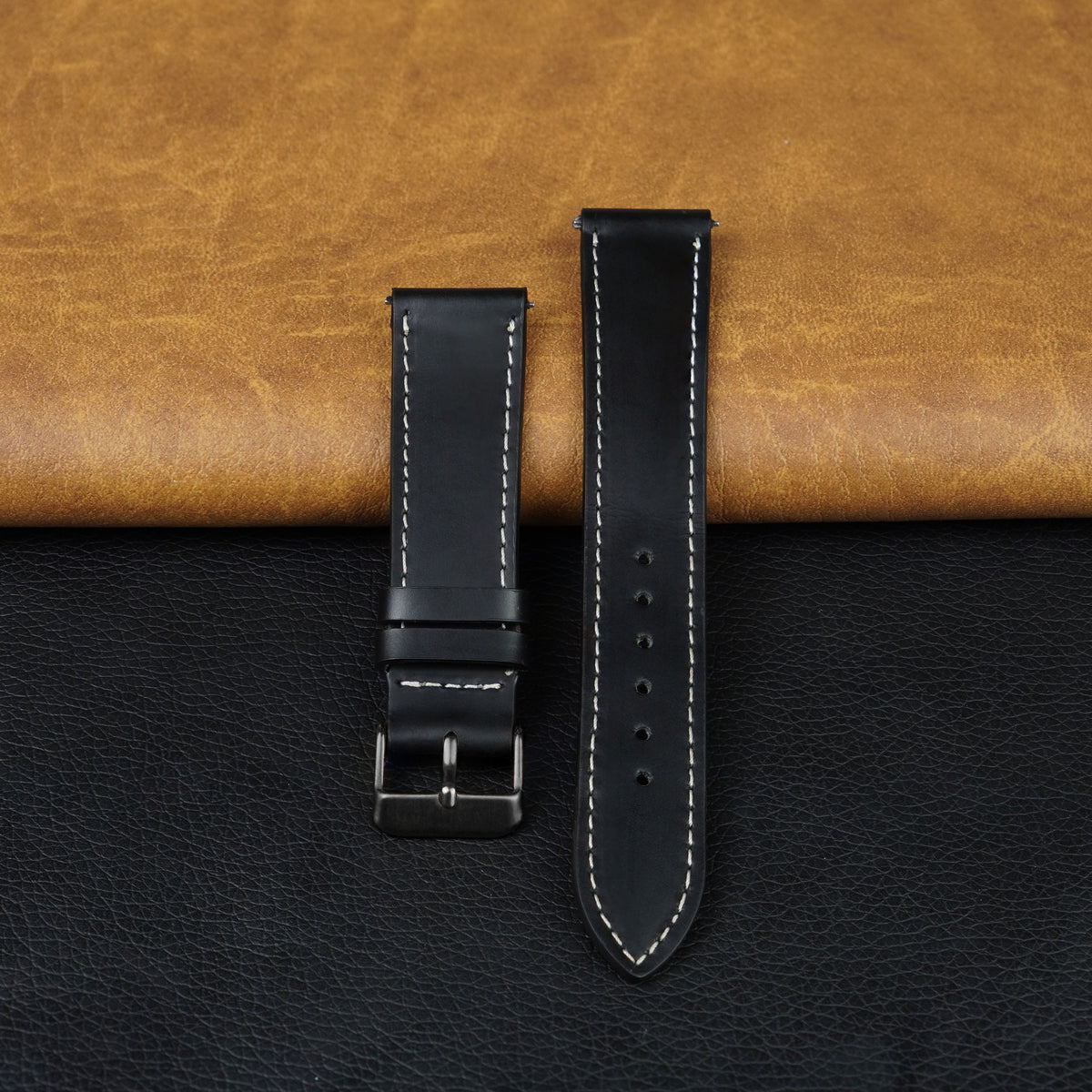 Flat Black Full Grain Watch Strap with White Stitching Quick Release