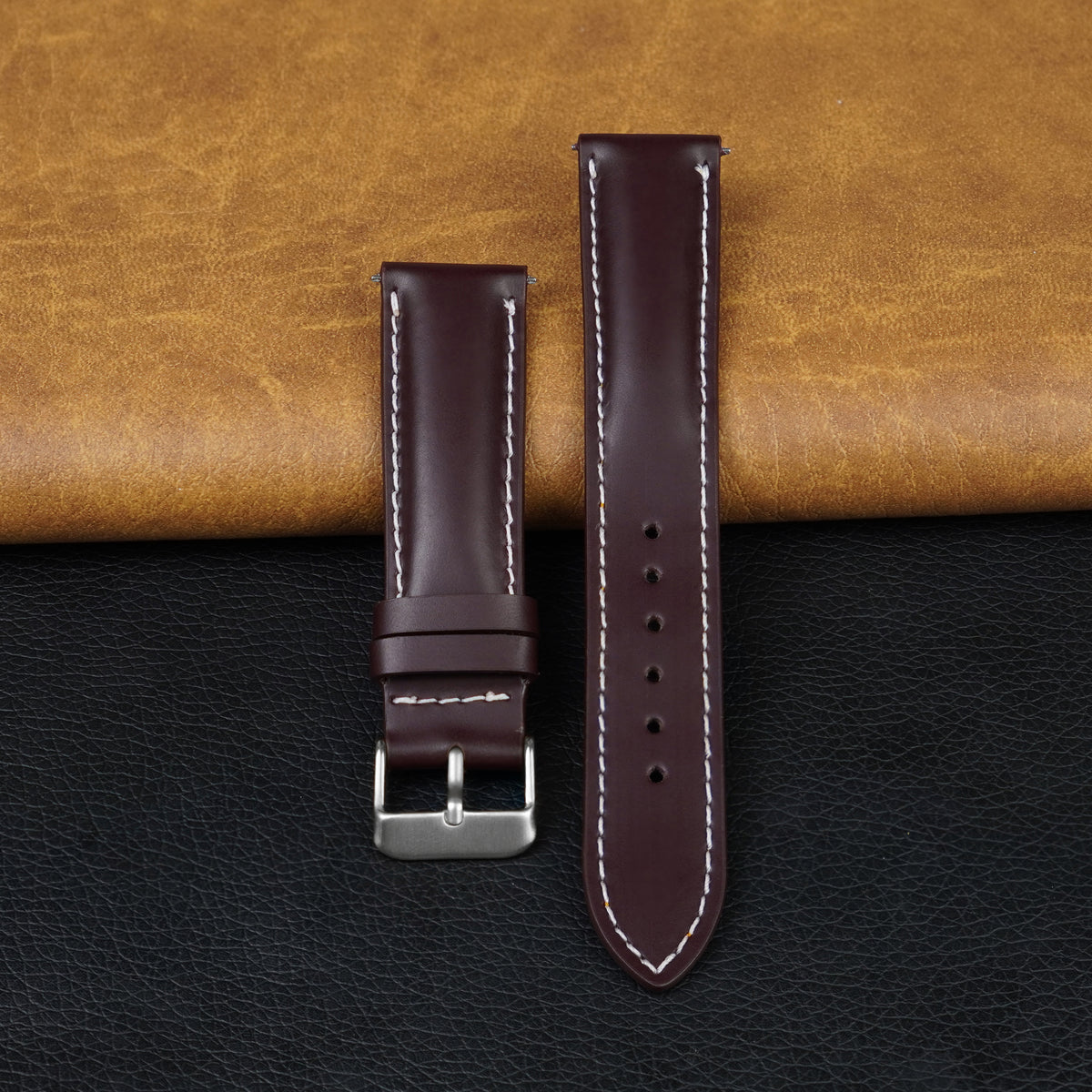 Padded Burgundy Full Grain Watch Strap with White Stitching Quick Release
