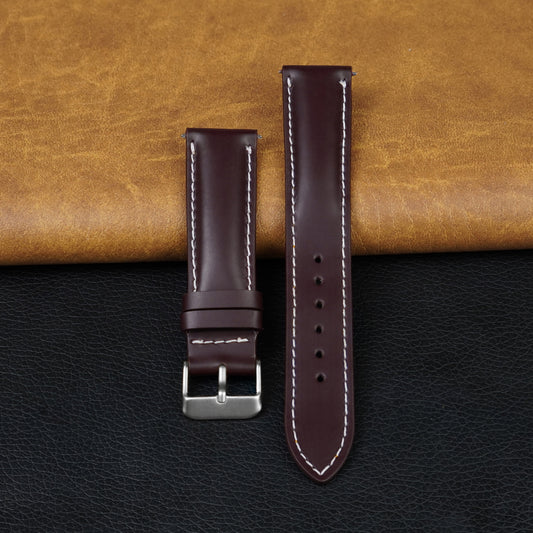 Padded Burgundy Full Grain Watch Strap with White Stitching Quick Release