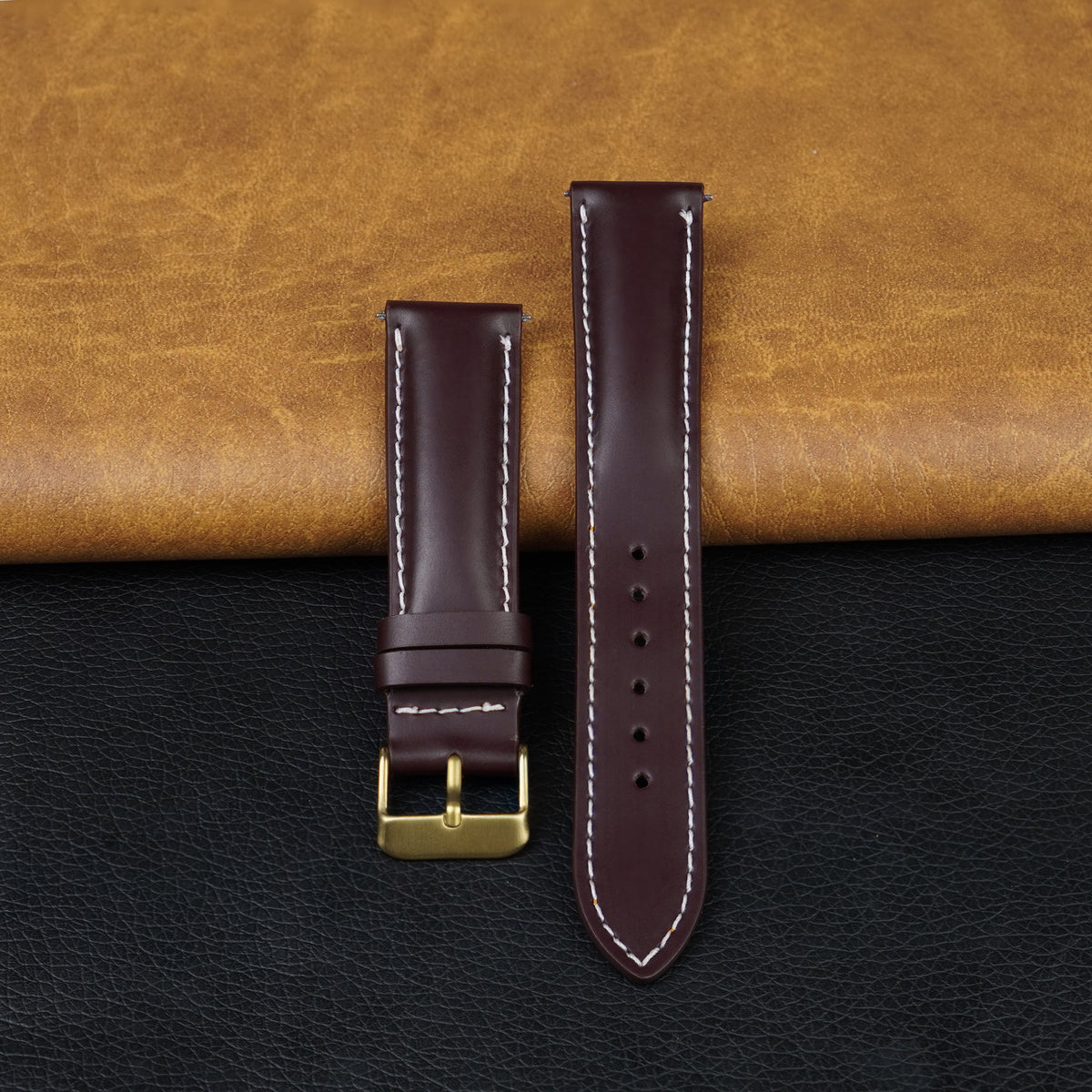 Padded Burgundy Full Grain Watch Strap with White Stitching Quick Release