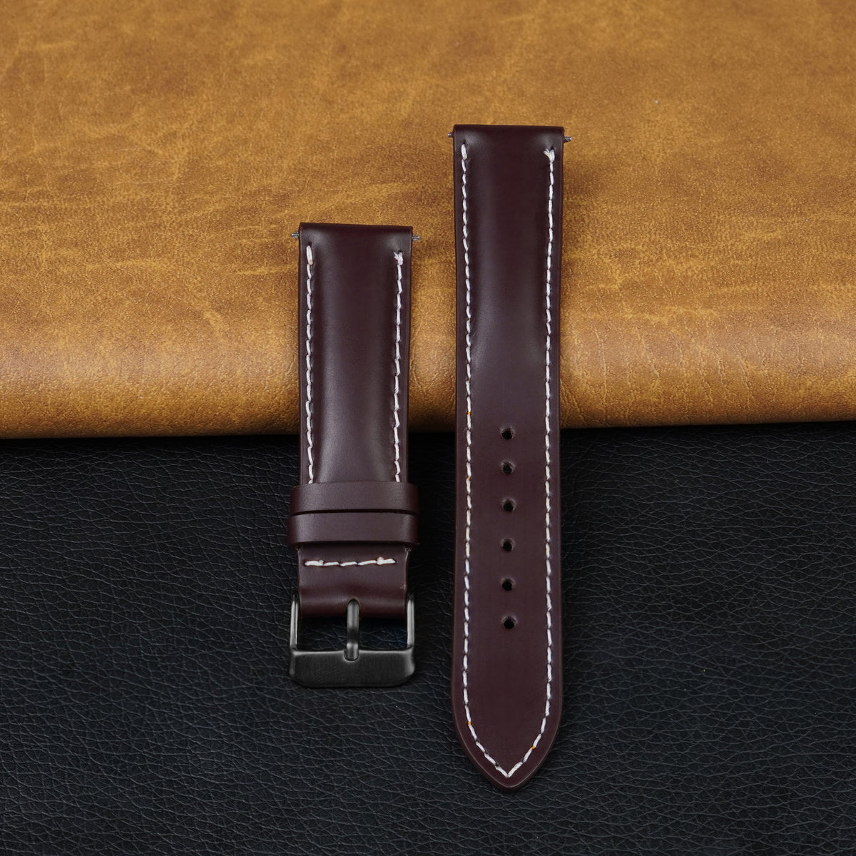 Padded Burgundy Full Grain Watch Strap with White Stitching Quick Release