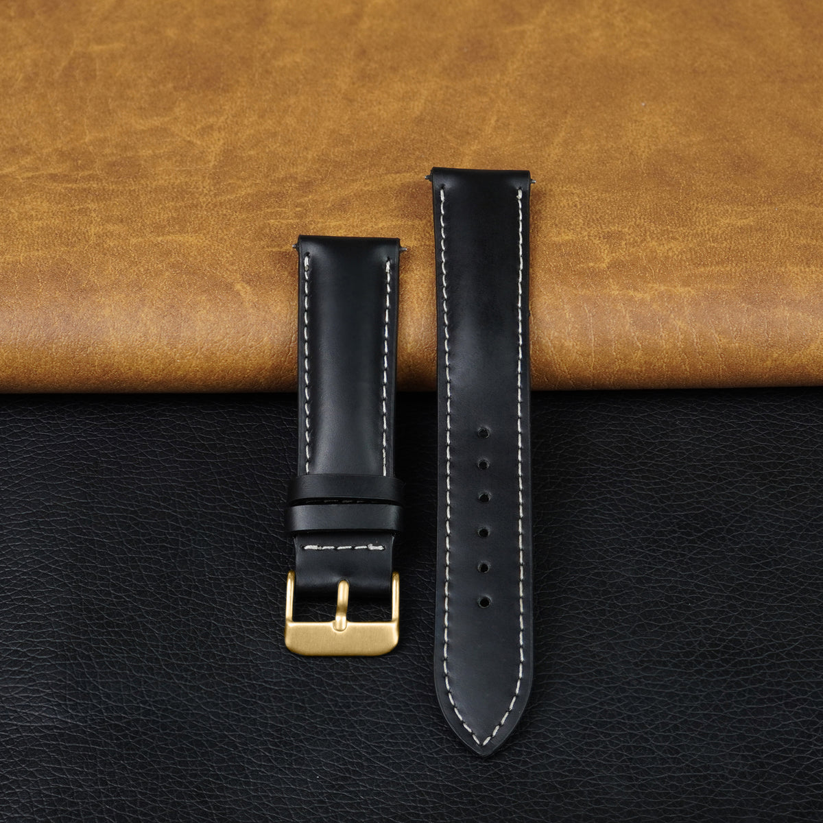 Padded Black Full Grain Watch Strap with White Stitching Quick Release