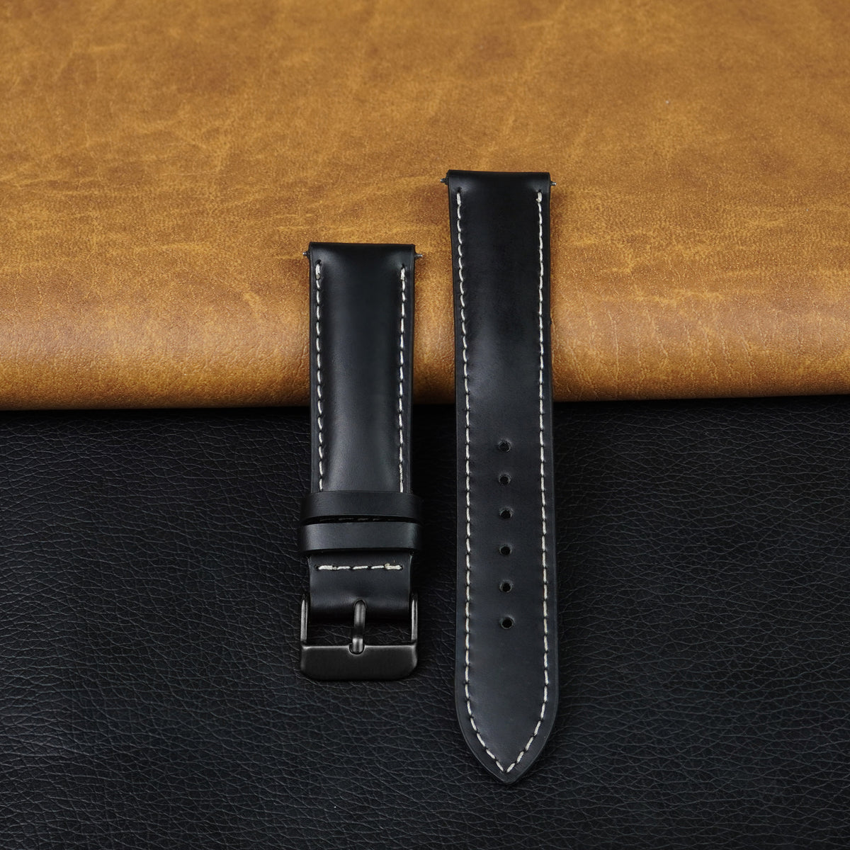 Padded Black Full Grain Watch Strap with White Stitching Quick Release