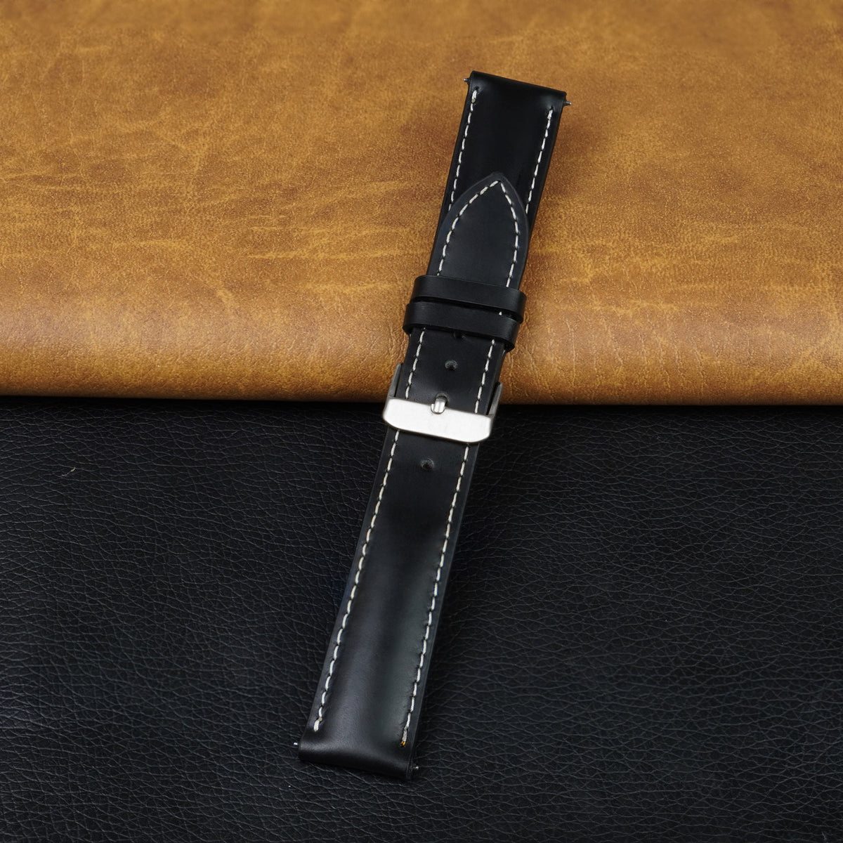 Padded Black Full Grain Watch Strap with White Stitching Quick Release