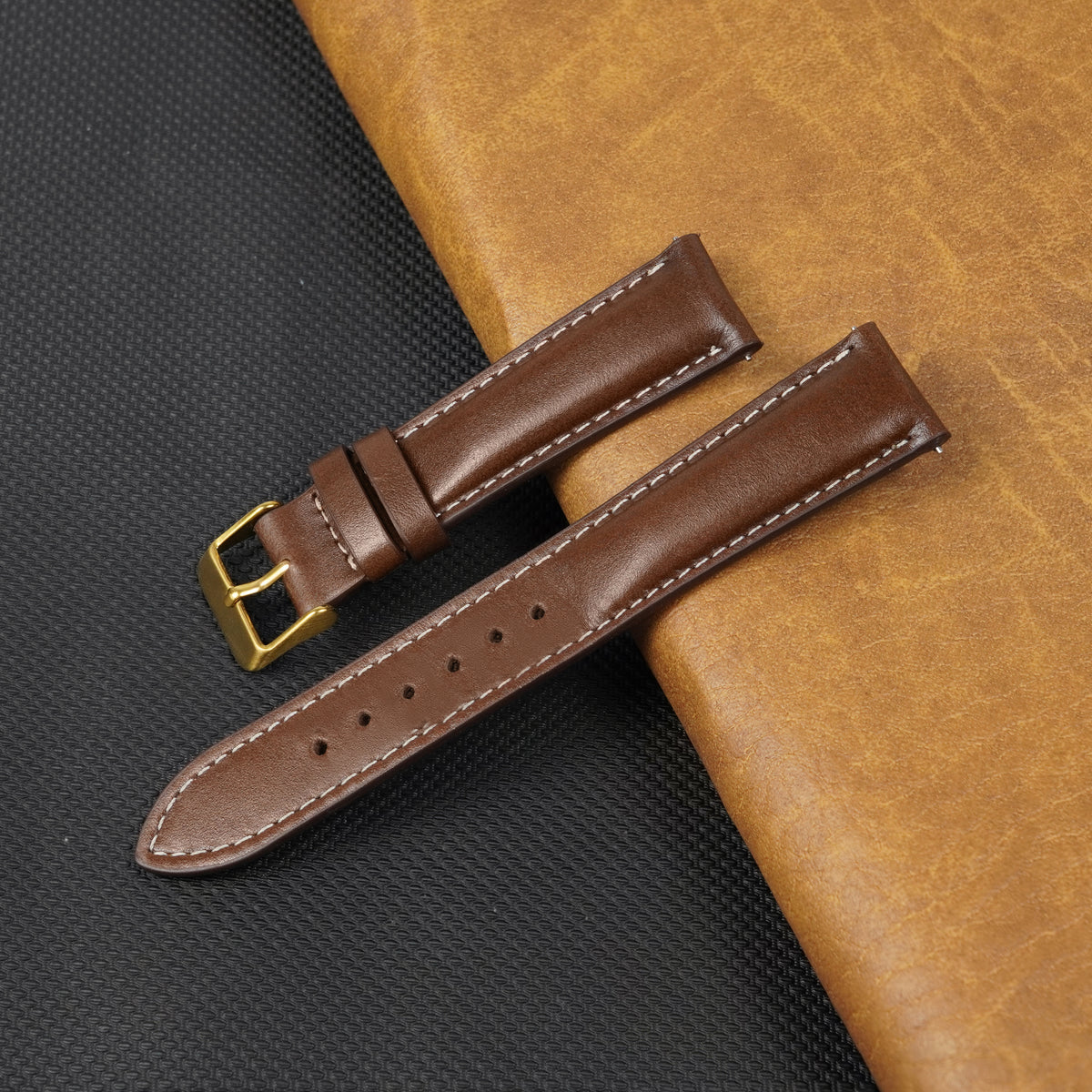 Padded Brown Full Grain Watch Strap with White Stitching Quick Release