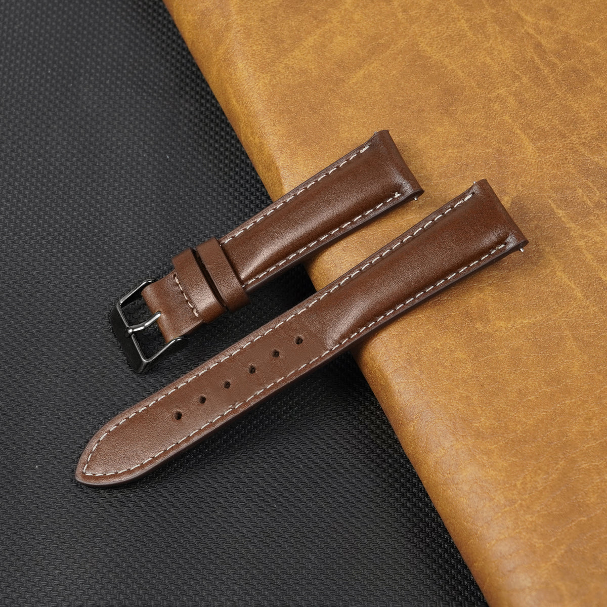 Padded Brown Full Grain Watch Strap with White Stitching Quick Release