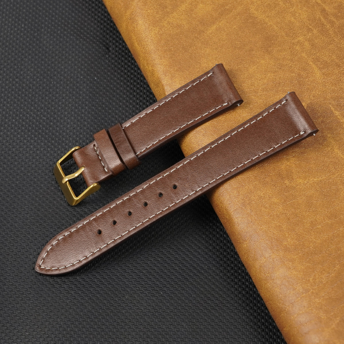 Flat Brown Full Grain Watch Strap with White Stitching Quick Release