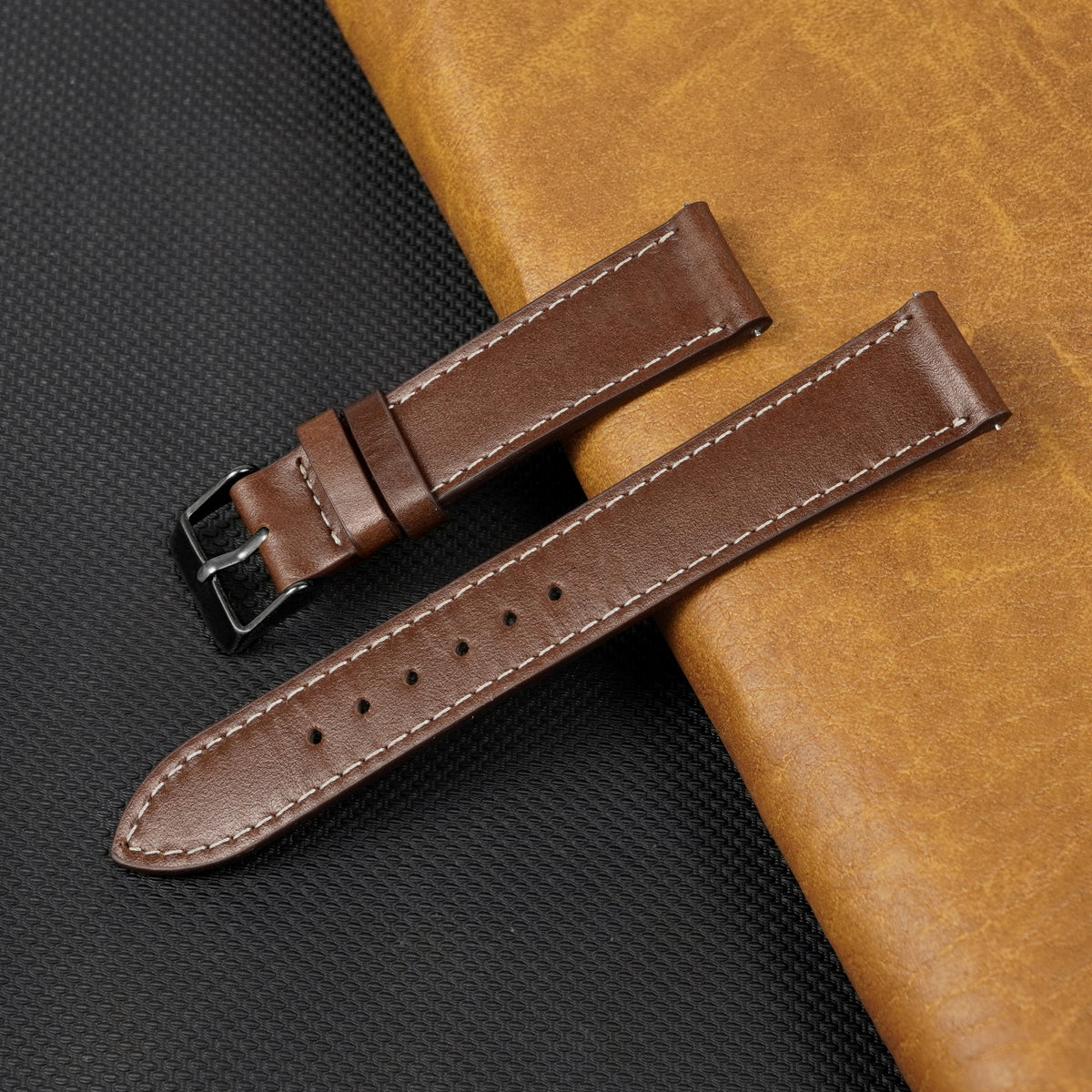 Flat Brown Full Grain Watch Strap with White Stitching Quick Release