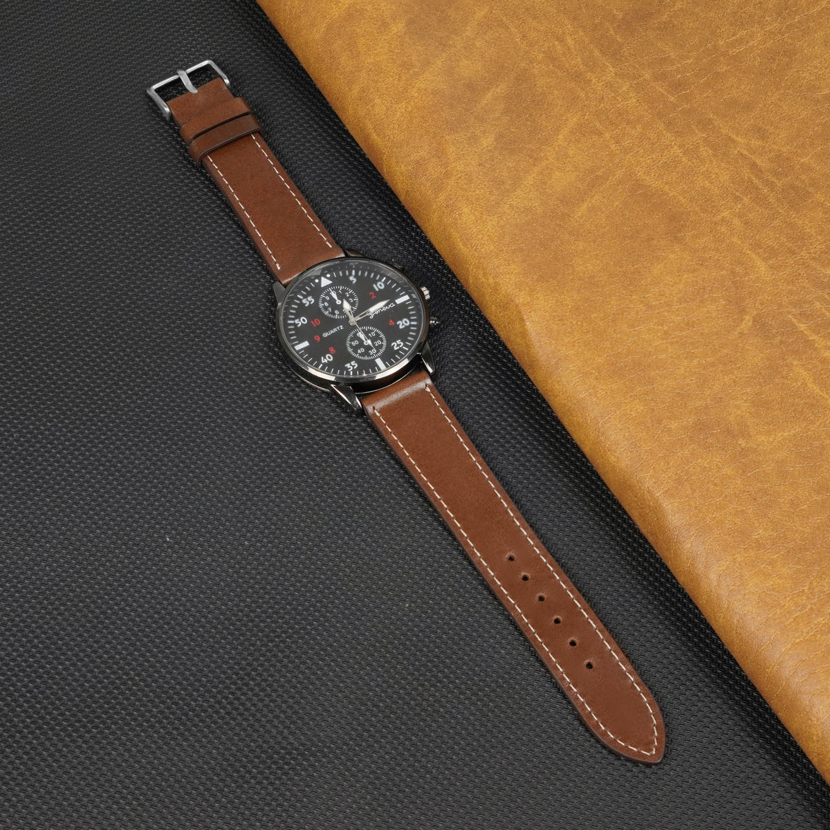 Flat Brown Full Grain Watch Strap with White Stitching Quick Release
