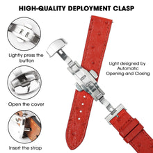 Slim Red FLat Ostrich Leather Watch Band width Deployment Clasp