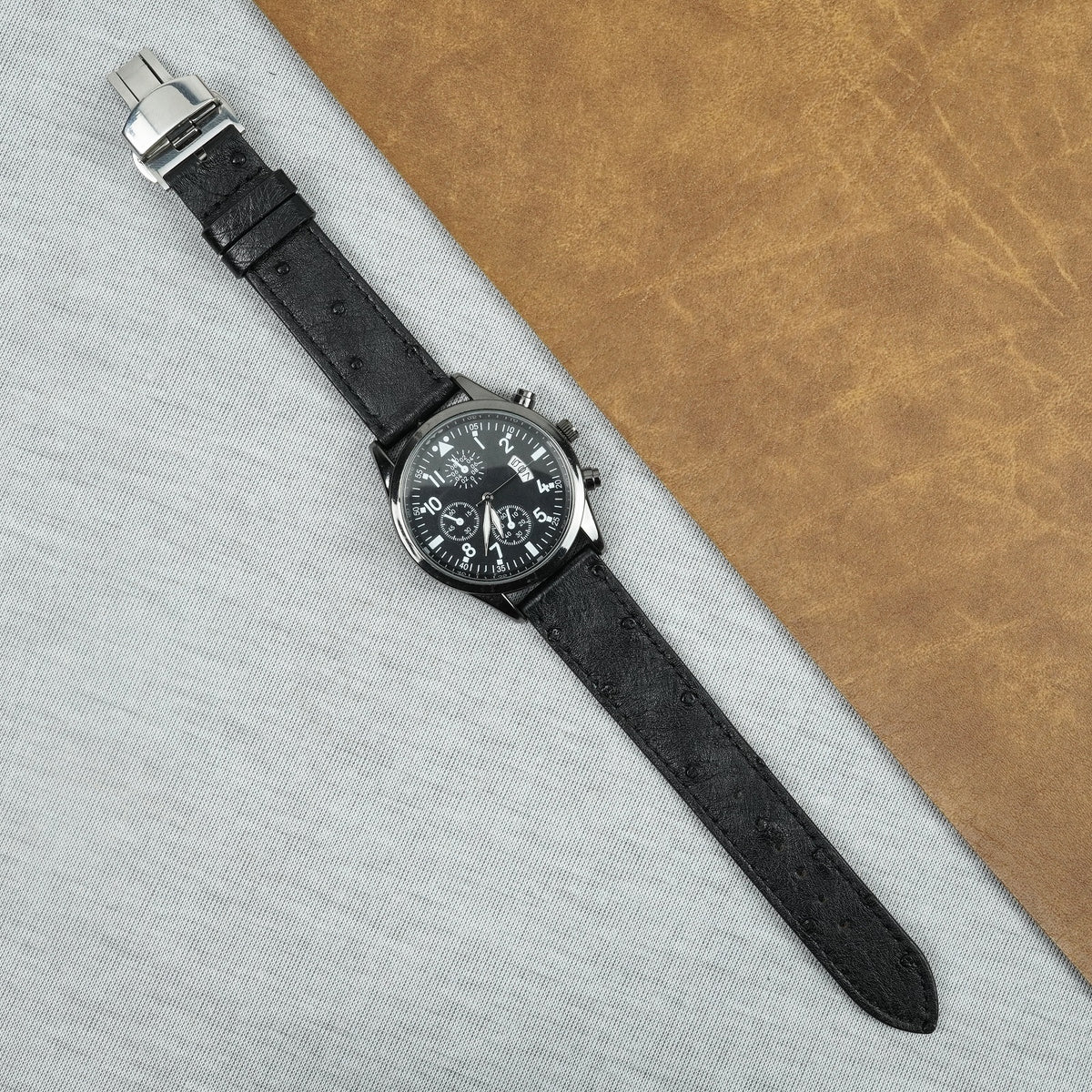 Slim Black FLat Ostrich Leather Watch Band width Deployment Clasp