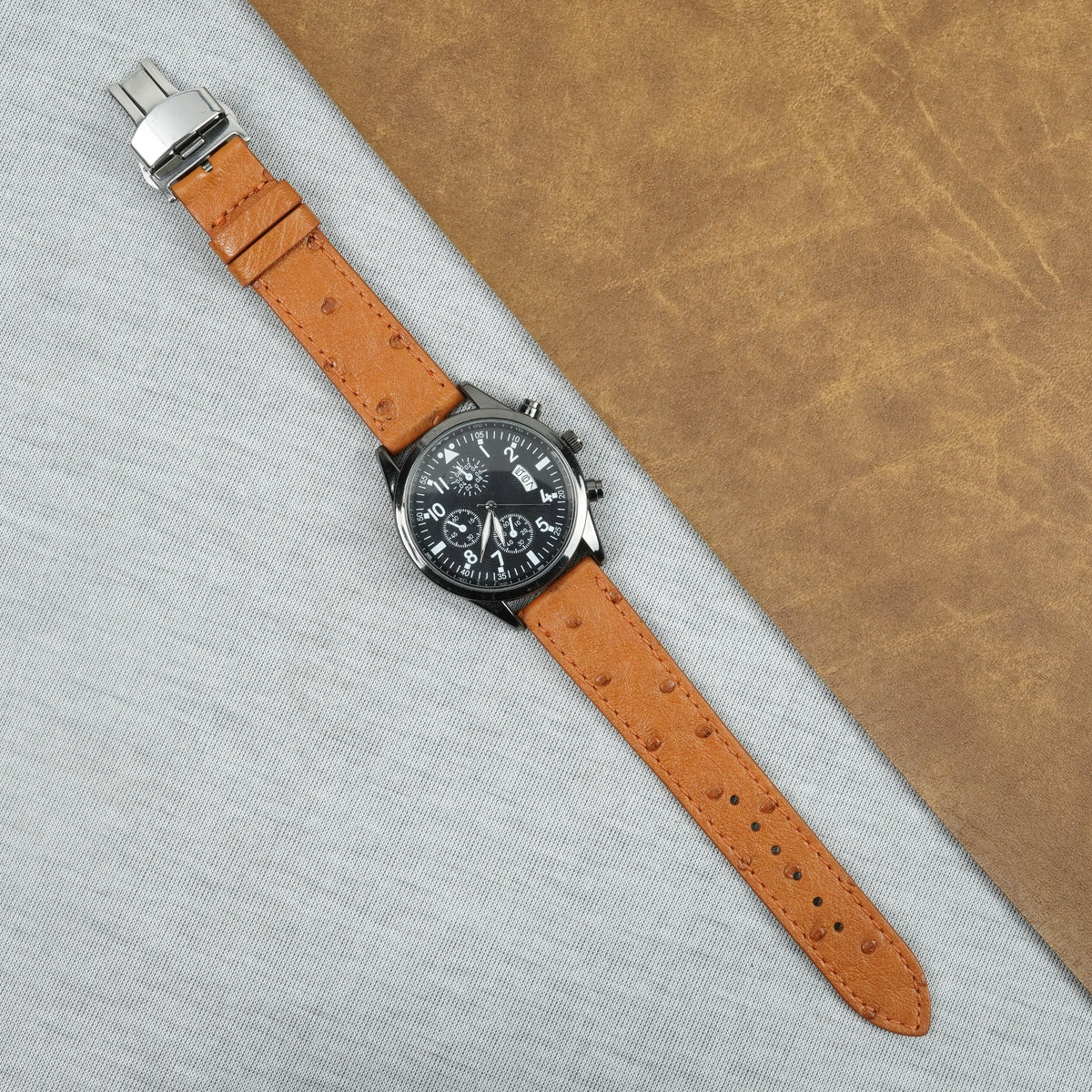 Slim Tan FLat Ostrich Leather Watch Band width Deployment Clasp