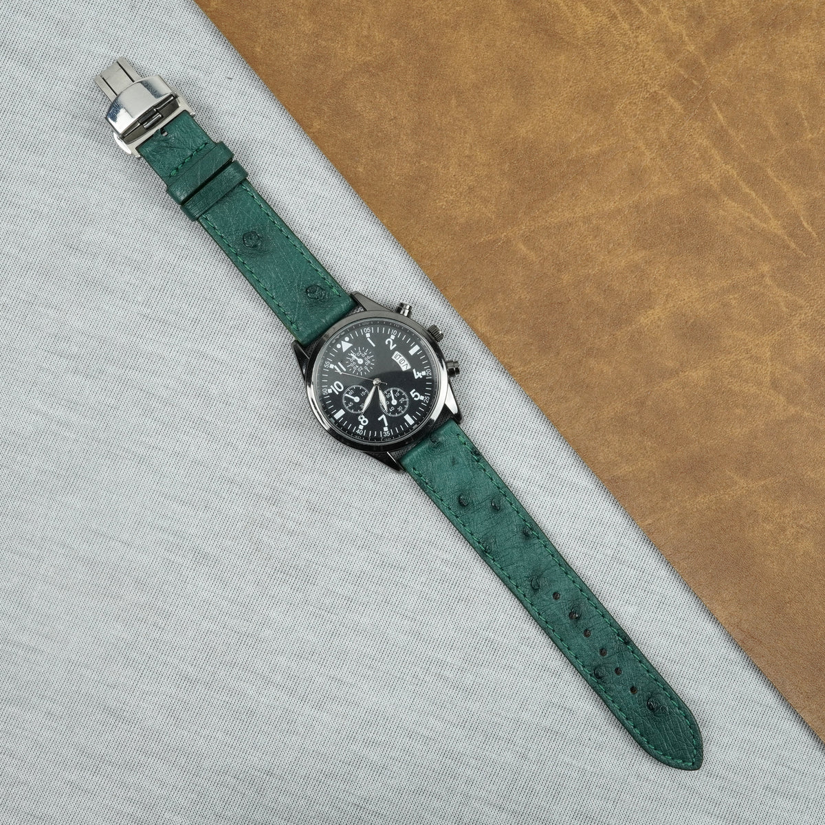 Slim Green FLat Ostrich Leather Watch Band width Deployment Clasp