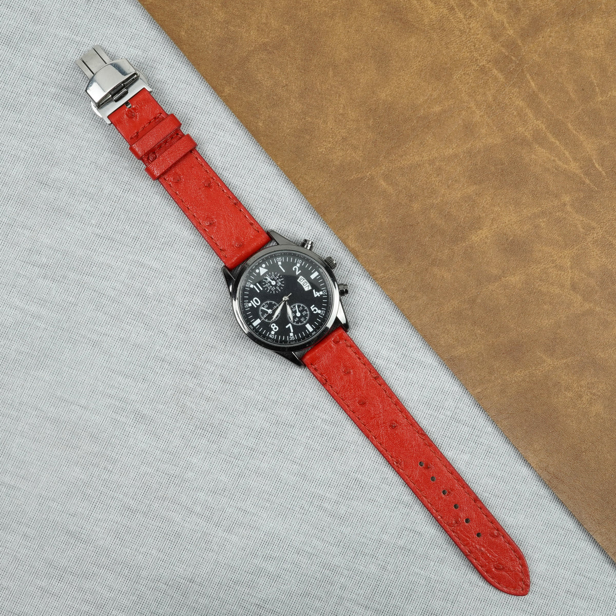Slim Red FLat Ostrich Leather Watch Band width Deployment Clasp