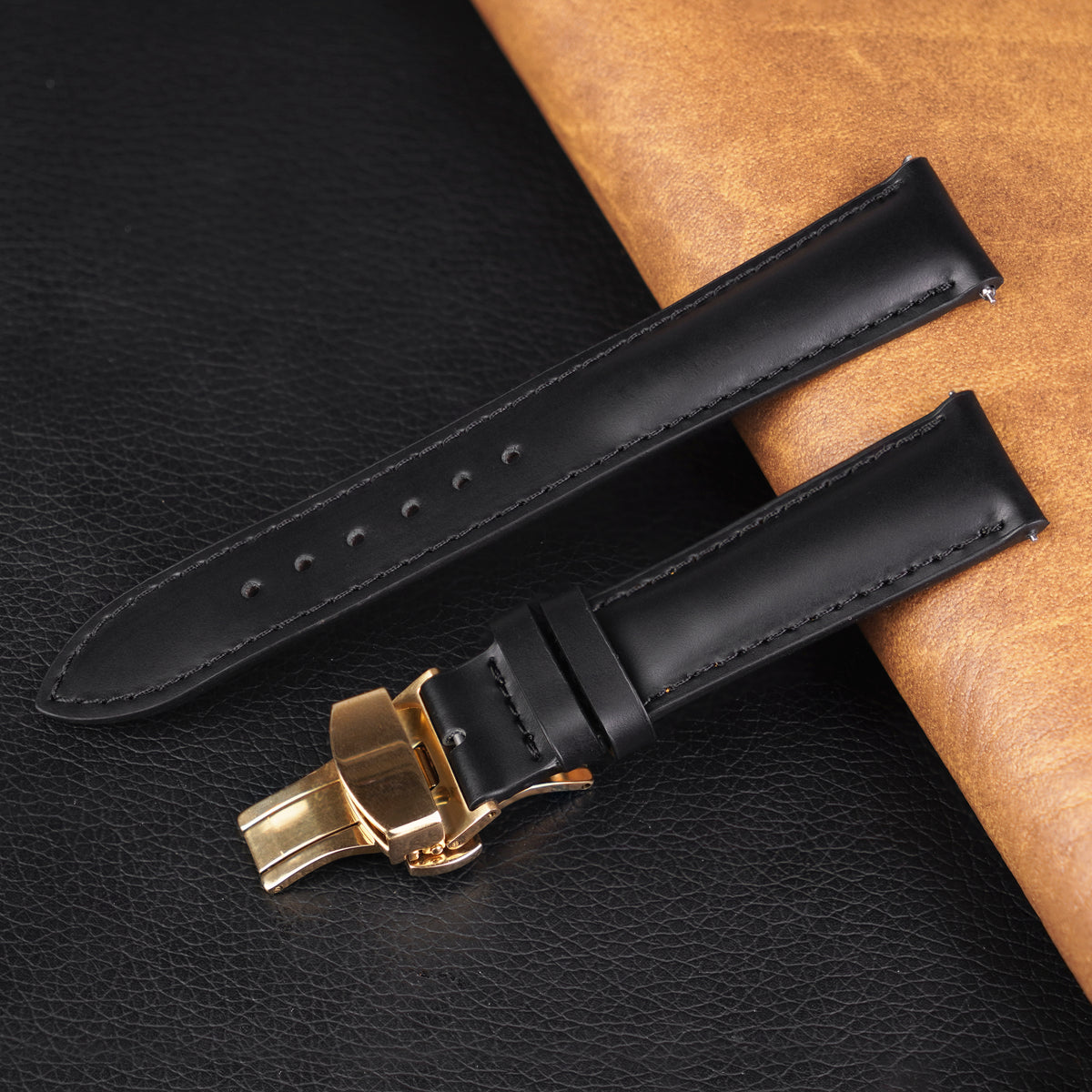 Padded Black Full Grain Leather Watch Strap with Deployment Clasp