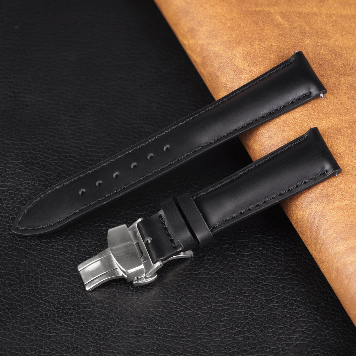 Padded Black Full Grain Leather Watch Strap with Deployment Clasp