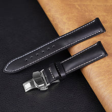 Black Full Grain Watch Strap with White Stitching and Deployment Clasp