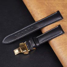 Black Full Grain Watch Strap with White Stitching and Deployment Clasp