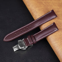 Burgundy Full Grain Watch Strap with White Stitching and Deployment Clasp