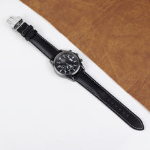 Black Full Grain Watch Strap with White Stitching and Deployment Clasp