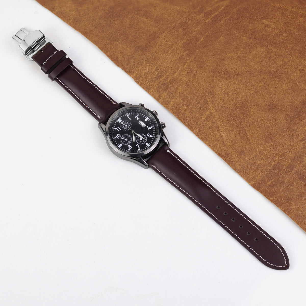 Burgundy Full Grain Watch Strap with White Stitching and Deployment Clasp
